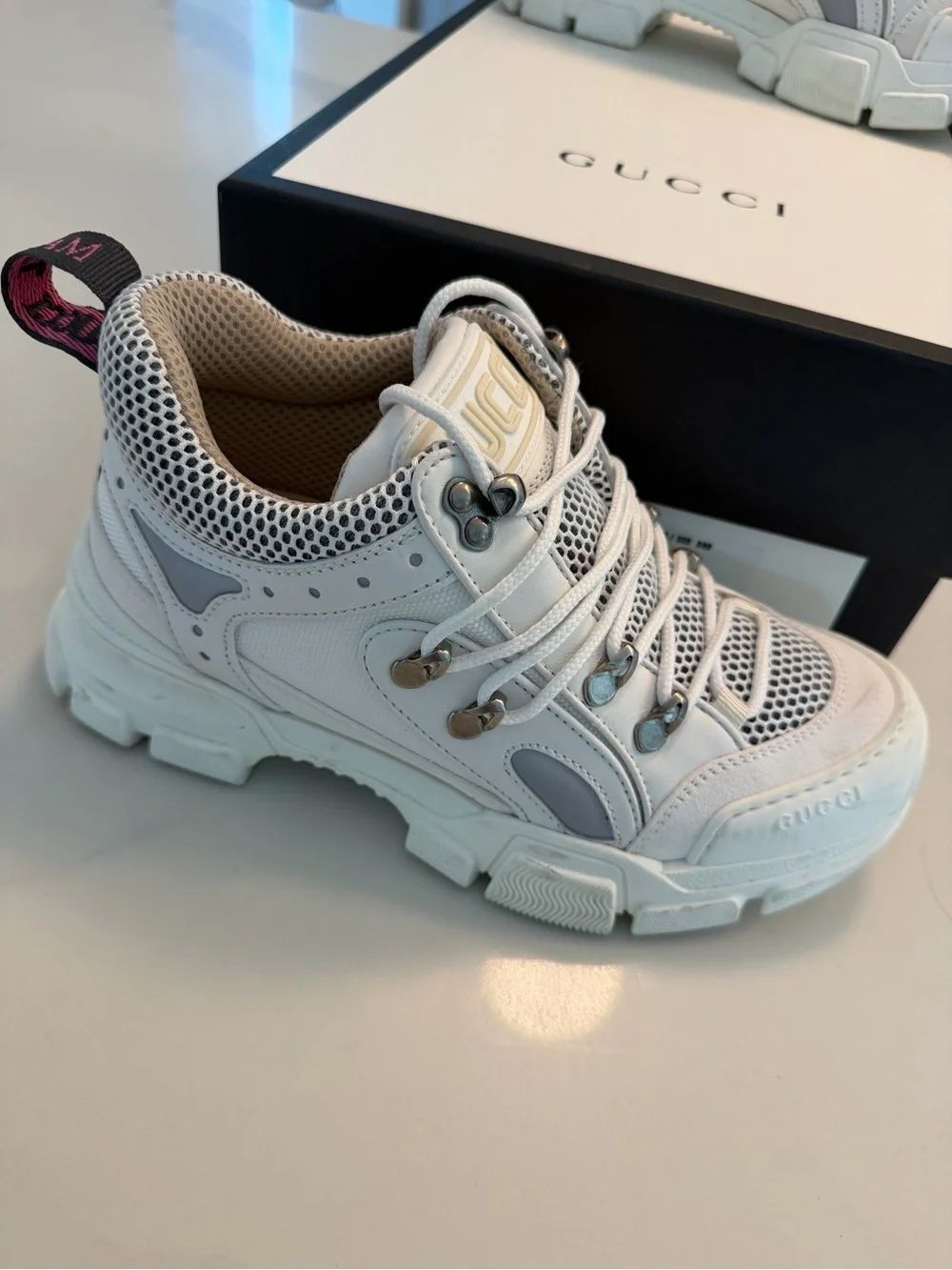 Gucci Flasktrek White and Cream Chunky Mesh Leather Sneakers Size 37 Unisex